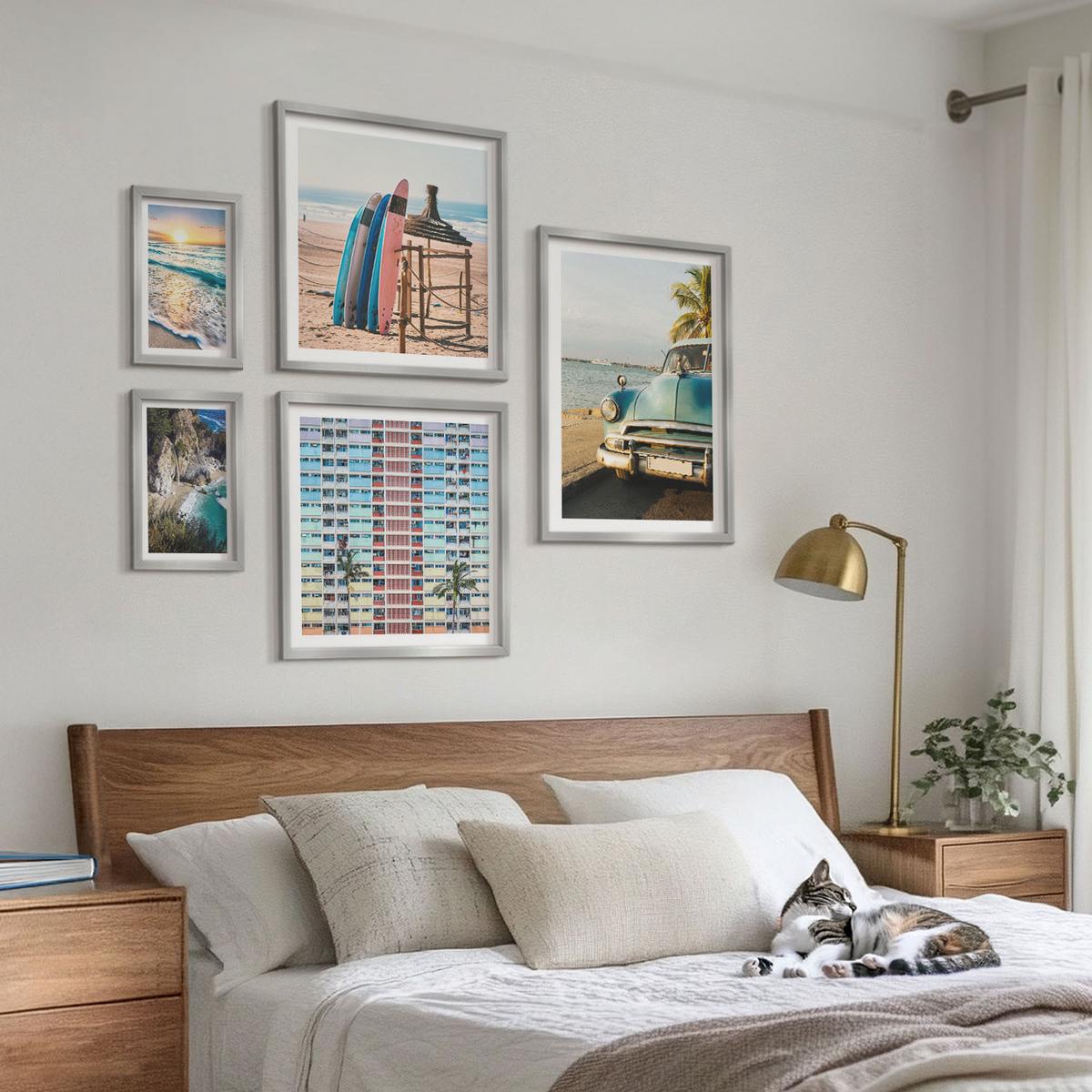 BILDER SET 5er Set - 50x50 cm & 20x30 cm & 40x60 cm Silberner Rahmen - Sonnenuntergang in Miami - Silberfarben, Kunststoff (40/60cm) - TULUP