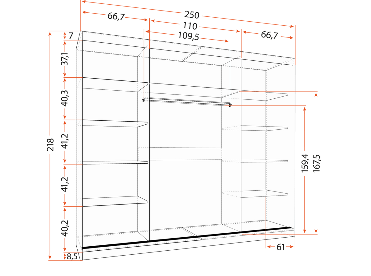 SCHWEBETÜRENSCHRANK Alba ohne Spiegel Schwarz/Sonoma Eiche, ohne LED Beleuchtung 250 cm - Alufarben/Schwarz, Holzwerkstoff/Metall (250/218/61cm) - imoebel24