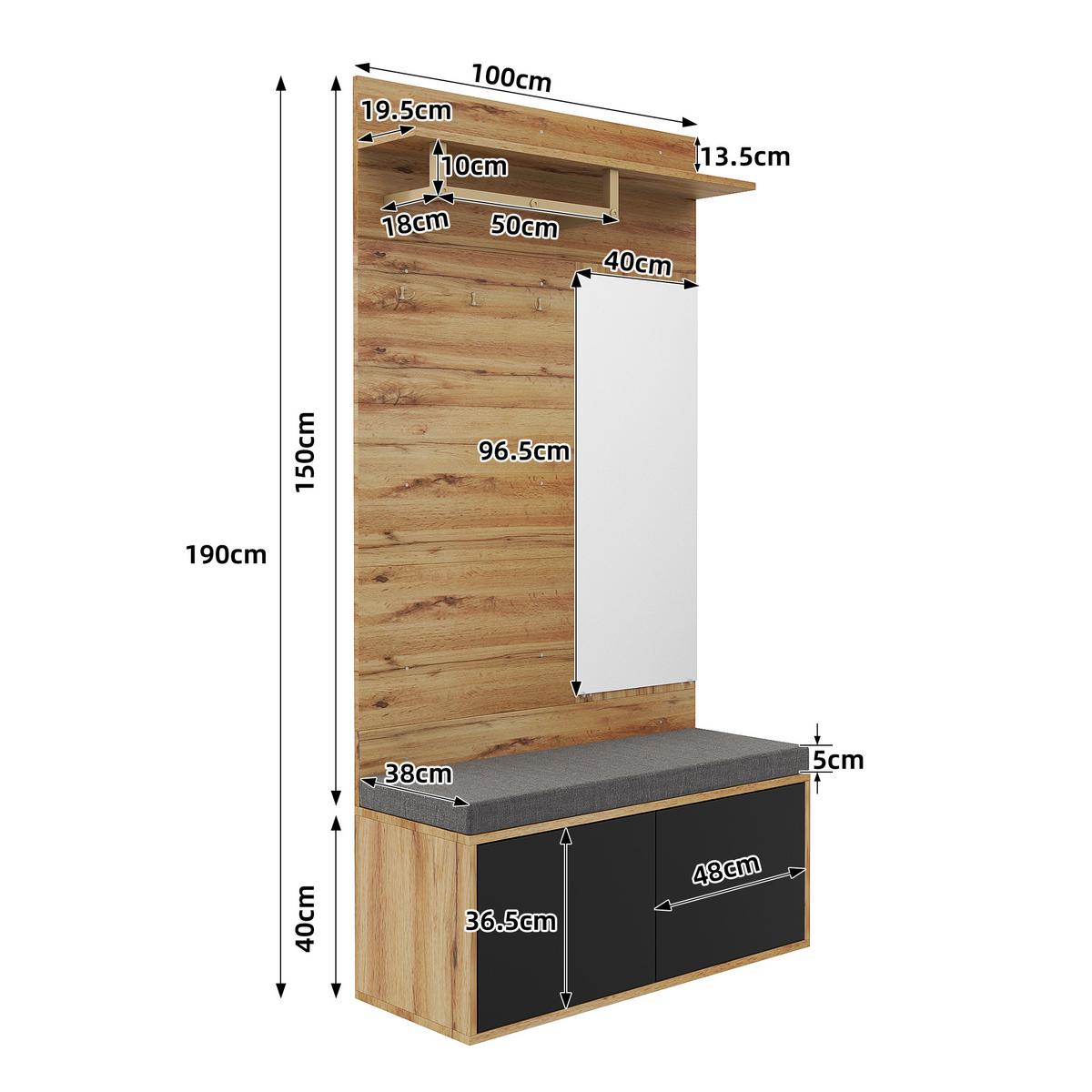 GARDEROBEN-SETS Flurgarderobe Holzoptik mit Spiegel & Sitzbank Kompaktgarderobe 100×190 cm - Sonoma Eiche, Holzwerkstoff (100/190/38cm) - Urban Meuble