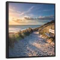 LEINWAND Bilder mit Rahmen - Sonnenuntergang - Strand - Düne - Gras - Ufer - 50x50 - Sandfarben, Textil (50/50cm) - MuchoWow