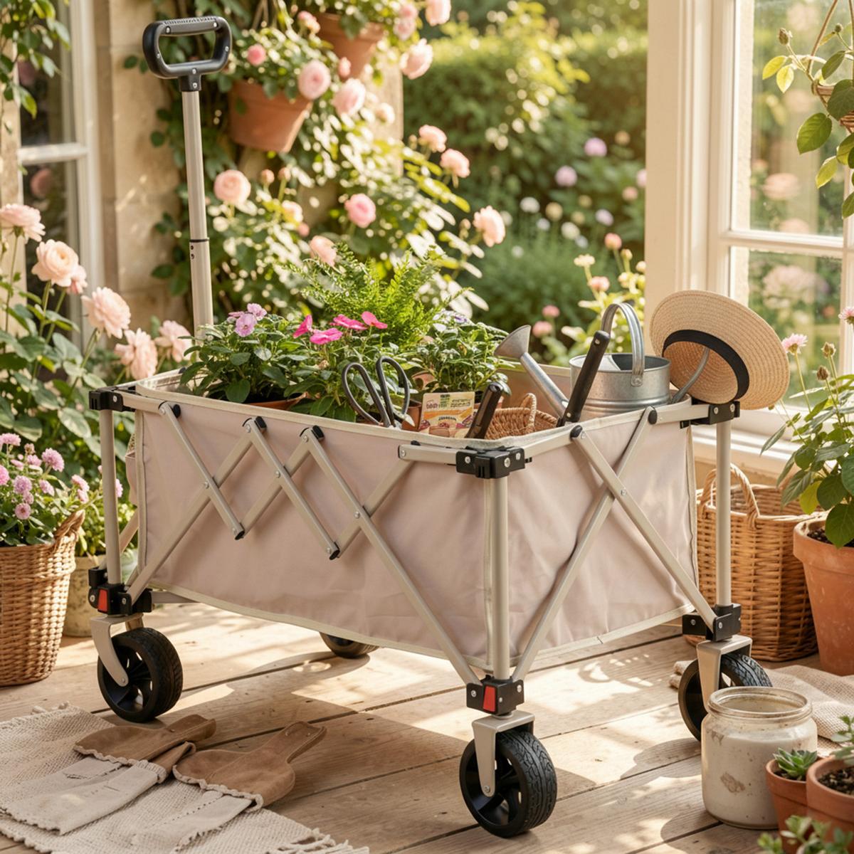 GARTENWAGEN 80L Beige & Stahl – Moderner Outdoor-Transportwagen mit All-Terrain-Rädern & Teleskopgriff - Bernsteinfarben, Metall (77/45/48cm) - Urban Meuble