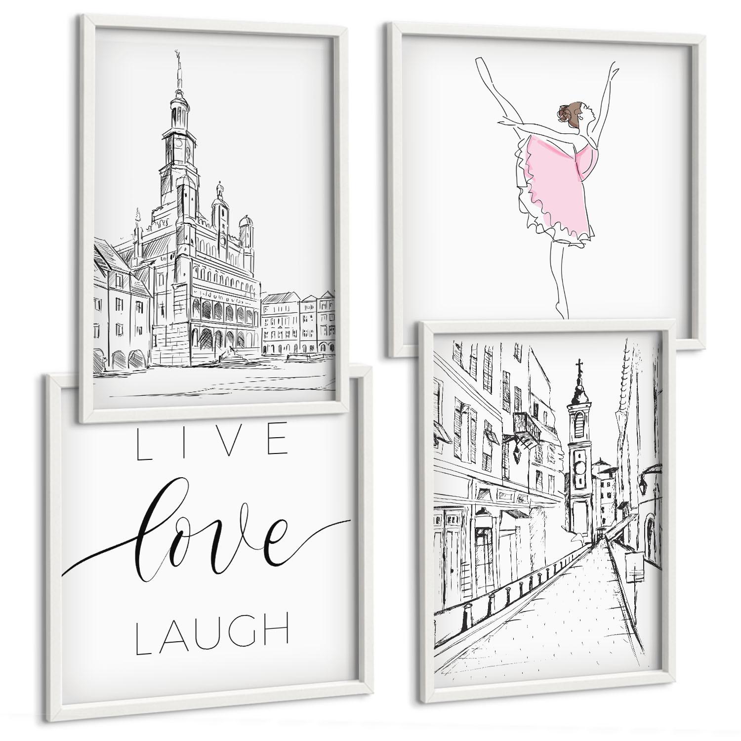 BILDER SET 4er Set - 50x50 cm & 40x60 cm Weißer Rahmen - Stilvolle Grafik, Ballerina-Architektur - Weiß, Kunststoff (50/50cm) - TULUP
