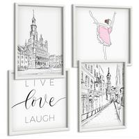 BILDER SET 4er Set - 50x50 cm & 40x60 cm Weißer Rahmen - Stilvolle Grafik, Ballerina-Architektur - Weiß, Kunststoff (50/50cm) - TULUP