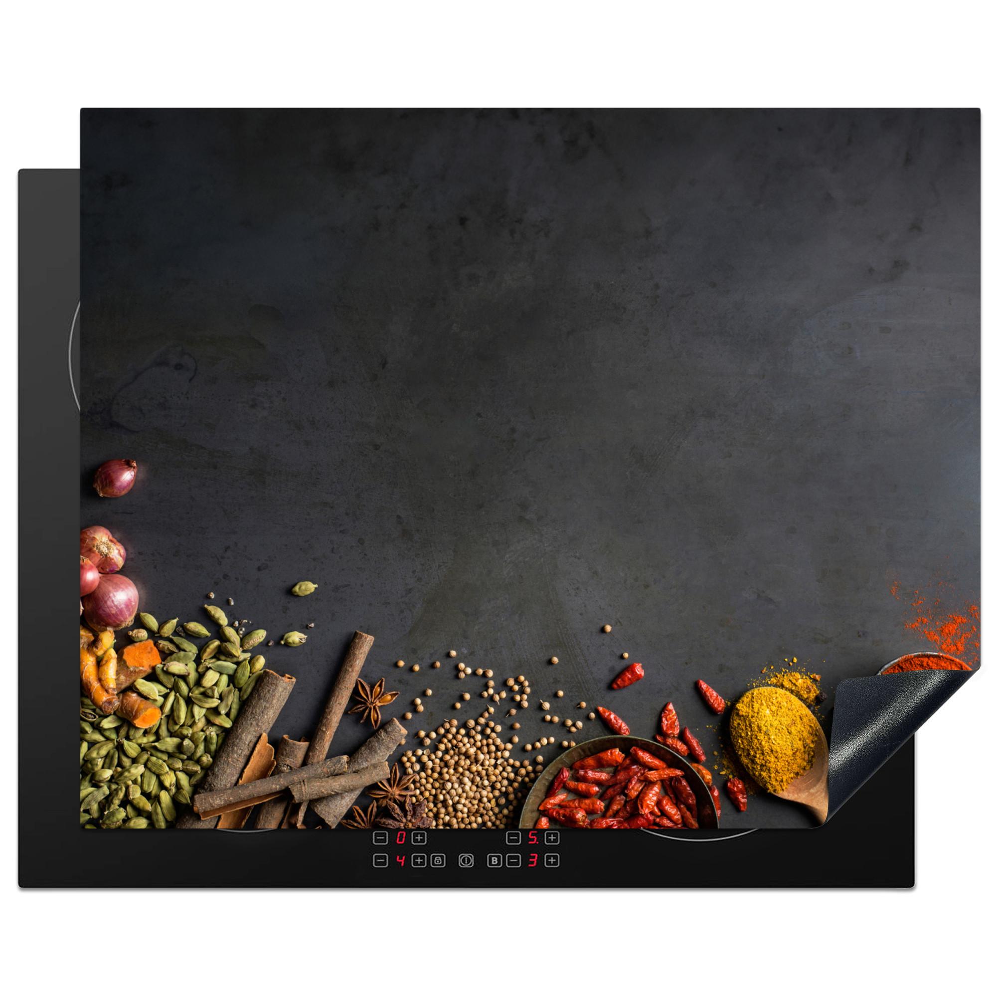 HERDABDECKPLATTE Kräuter - Lebensmittel - Gewürze - Schwarz - Paprika - Zimt Herdabdeckung Induktionsfeld 65x52 cm - Currygelb, Kunststoff (65/52/0.2cm) - MuchoWow
