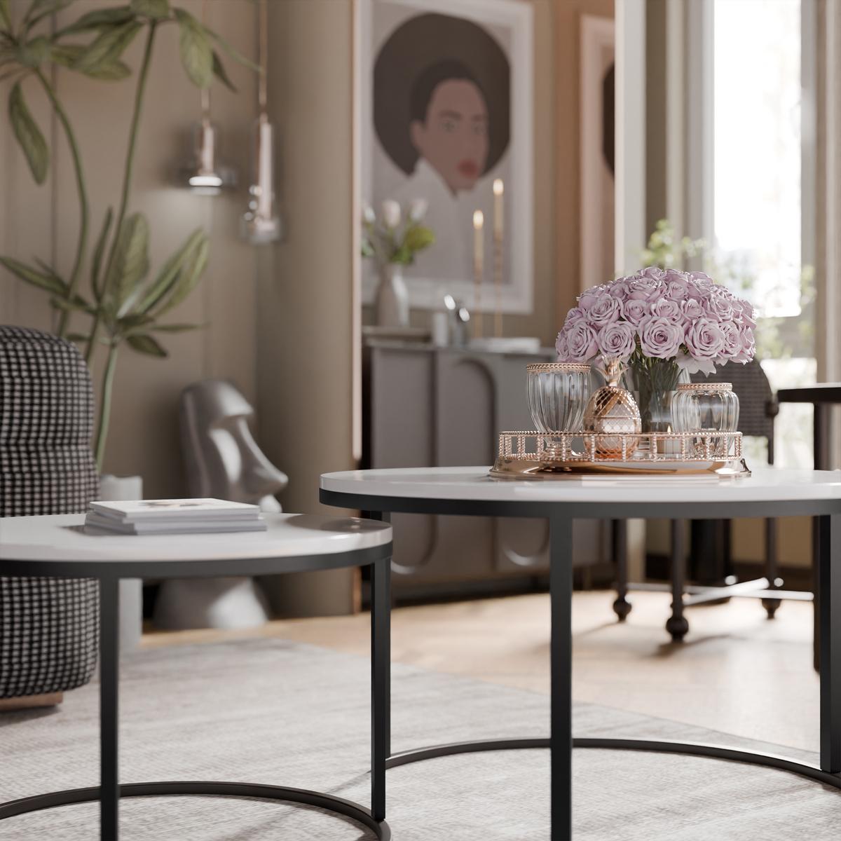 COUCHTISCH rund Groß, Weißglanz, Rahmen Schwarz - Schwarz/Weiß, Holzwerkstoff (80/80/48cm) - Idohome