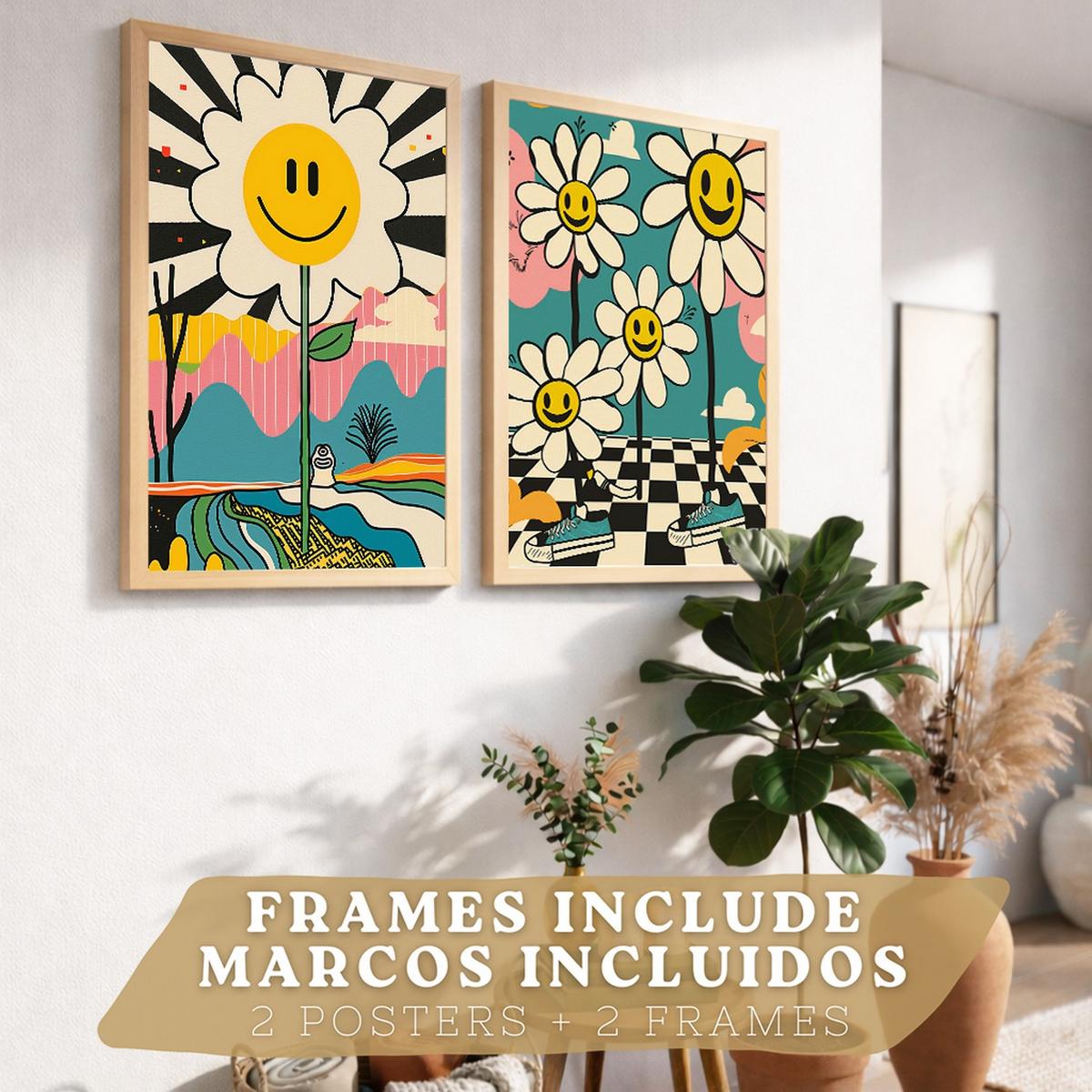 POSTER 4er Kunstdruck-Set Wandbilder Smiley Blume modern Wohnzimmer Deko, Schlafzimmer, Küche, Badezimmer Leichter Holzrahmen A3 - Beige, Papier (29.7/1/42cm) - Nacnic
