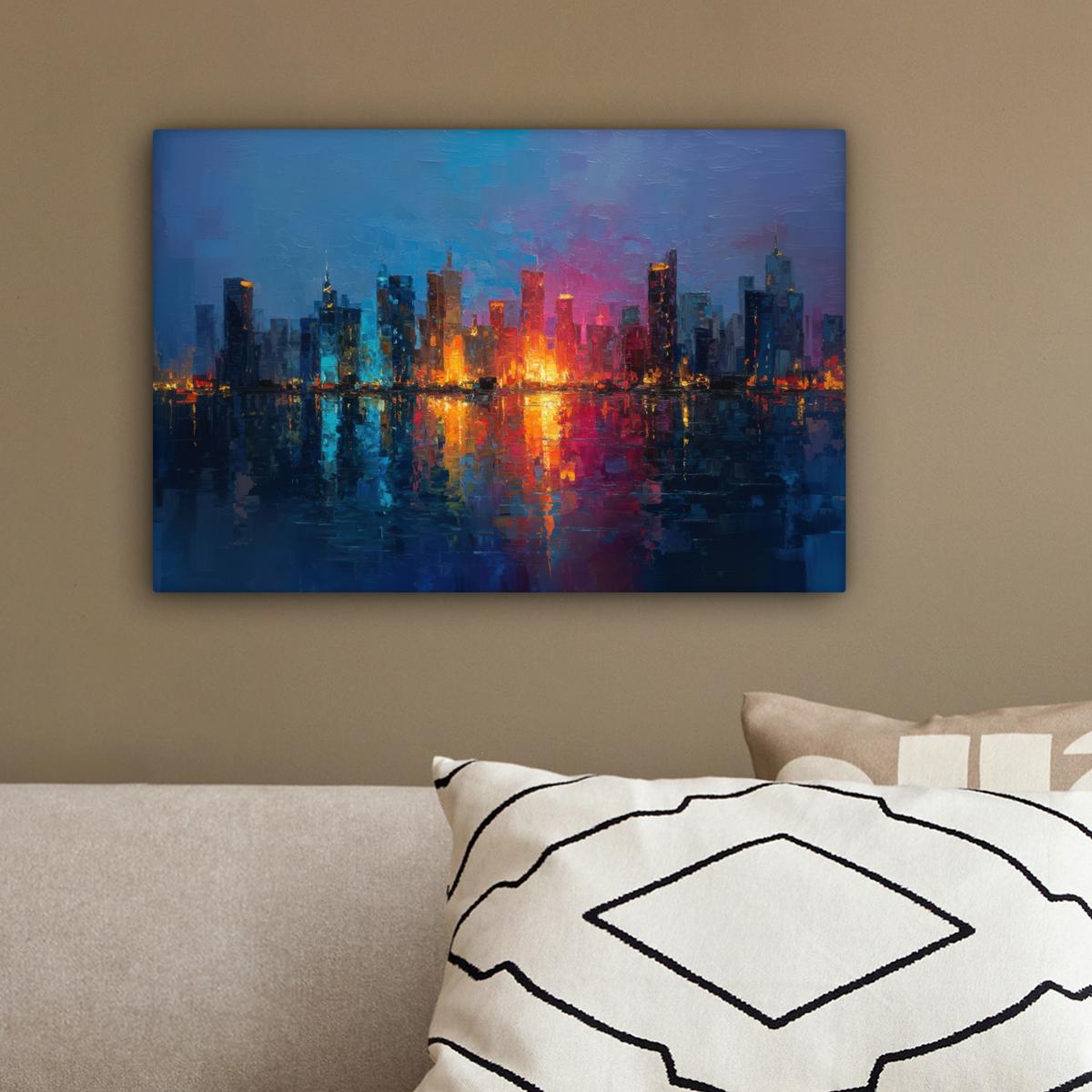 LEINWANDBILD Skyline - Pinselstriche - Dunkelblau - Leuchtend Deko Schlafzimmer 30x20 cm - Blau, Textil (30/20cm) - MuchoWow