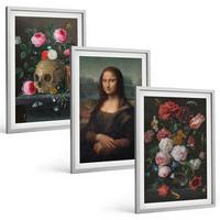 BILDER SET 3er Set - 40x60 cm Silberner Rahmen - Blumenschädel-Porträt Mona Lisa - Silberfarben, Kunststoff (40/60cm) - TULUP