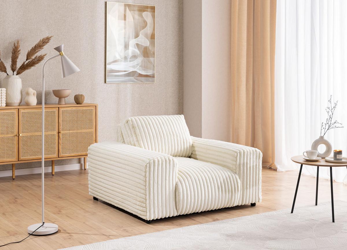 SITZGARNITUR 3+1 Mollis Hellbeige Plüschcord - Beige/Schwarz, Holz/Kunststoff (213/79/108cm) - S-Style Möbel