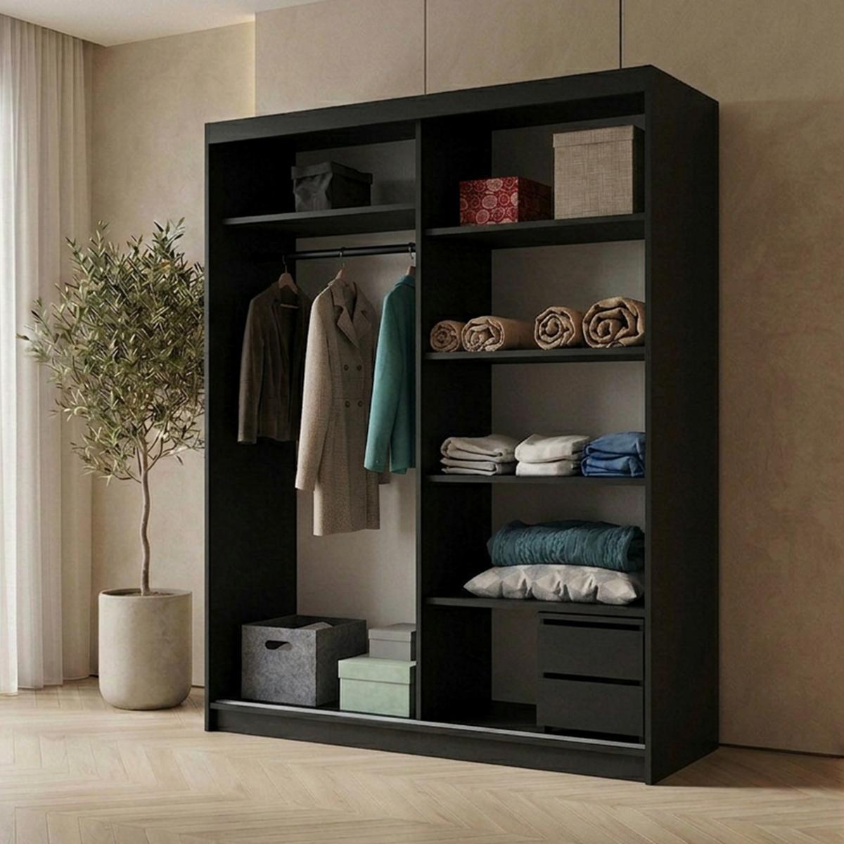SCHWEBETÜRENSCHRANK Hela mit 2 Türen und Schubkasteneinsatz, 160 cm, Schwarz - Schwarz, Holzwerkstoff (160/205/60cm) - Beautysofa