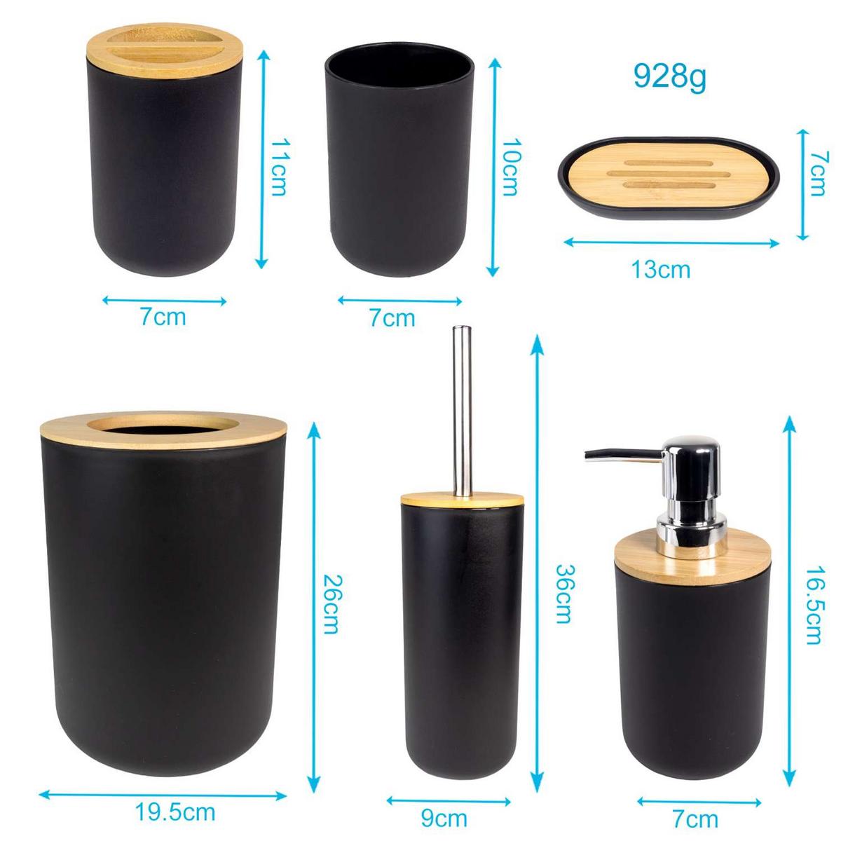 BADEZIMMER ZUBEHÖR SET (6-tlg.) mit Zahnputzbecher Seifenschale Seifenspender Toilettenbürste - Schwarz, Naturmaterialen (19.5/26/19.5cm) - Intirilife