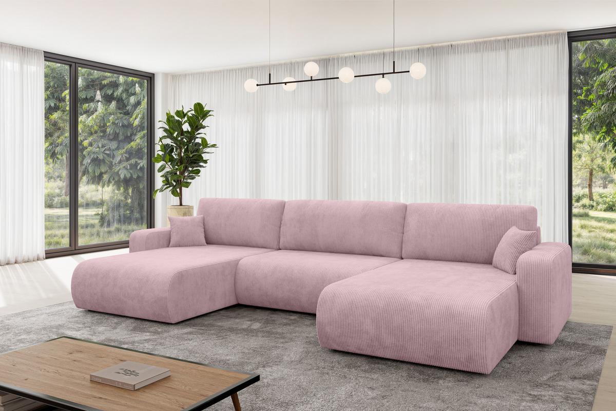 WOHNLANDSCHAFT mit Schlaffunktion und Bettkasten BERY-U 377x193x88 Rosa Cord - Schwarz/Rosa, Holzwerkstoff/Kunststoff (377/88/193cm) - ALTDECOR