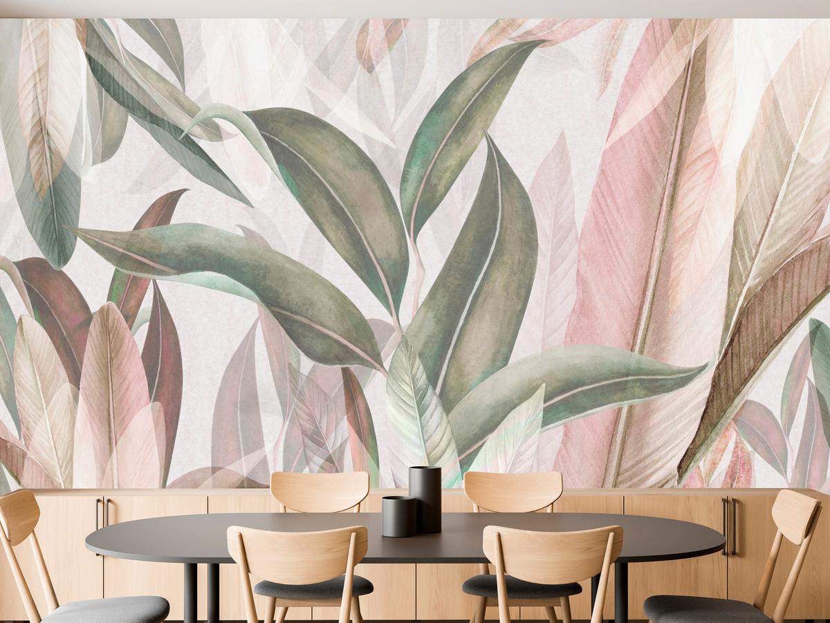 FOTOTAPETE für Wohnzimmer Empfindlich Pastell Bananenblätter 500x350 - Beige/Rosa, Papier (500/350cm) - Muralo