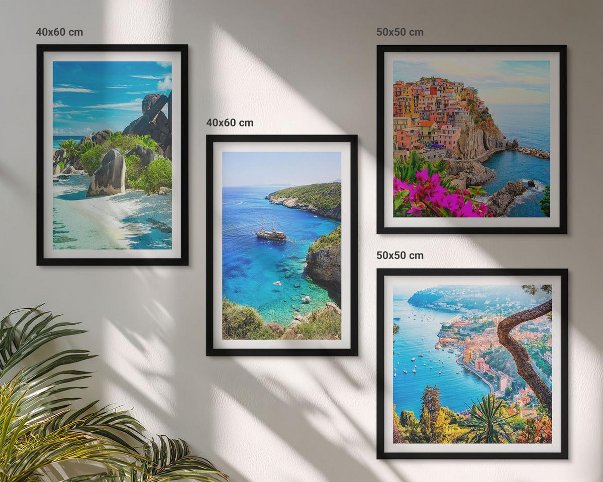 BILDER SET 4er Set - 50x50 cm & 40x60 cm Schwarzer Rahmen - Palmen am Meer, blaues Wasser - Schwarz, Kunststoff (50/50cm) - TULUP