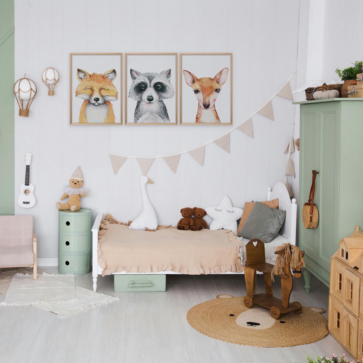 POSTER SET ohne Rahmen für Kinderzimmer WALDTIERE Fuchs Waschbär Reh A3 30x42cm - Beige/Orange, Papier (30/42/1cm) - Muralo