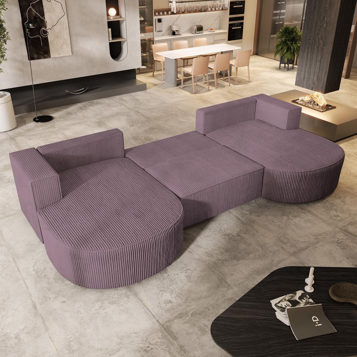 WOHNLANDSCHAFT VEZZO P Lila Kordstoff mit Schlaffunktion - Lila/Grau, Holz/Kunststoff (347/85/174cm) - MASSENO