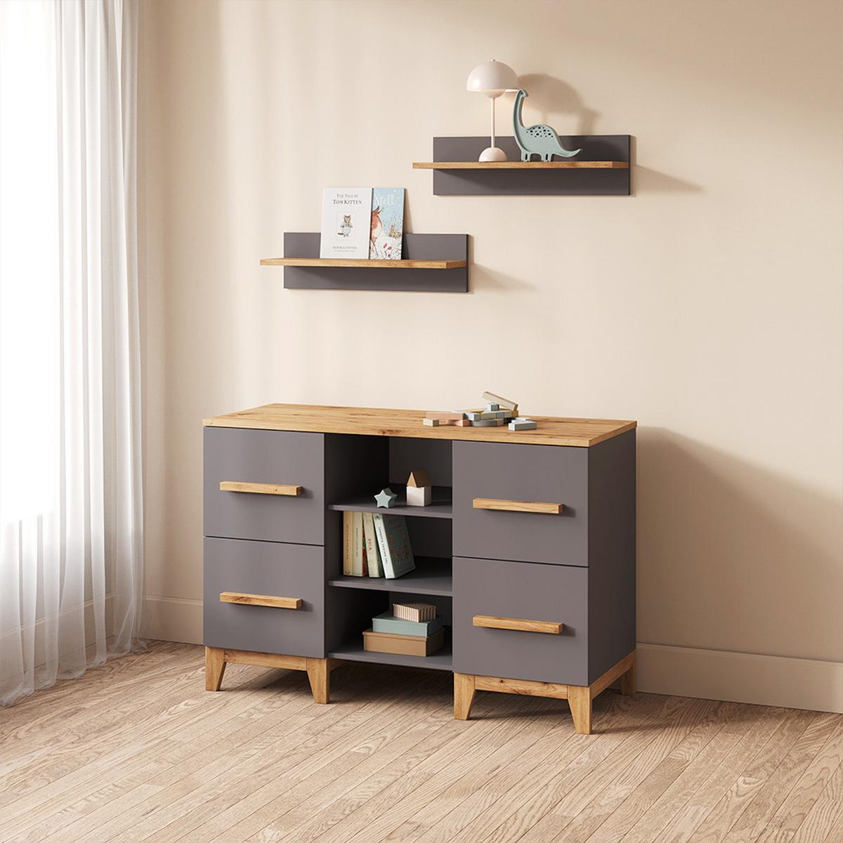 WICKELKOMMODE Mailo Grau/Artisan XL mit 4 Schubladen - Eiche Artisan/Grau, Holzwerkstoff (133/108/70cm) - Livinity®