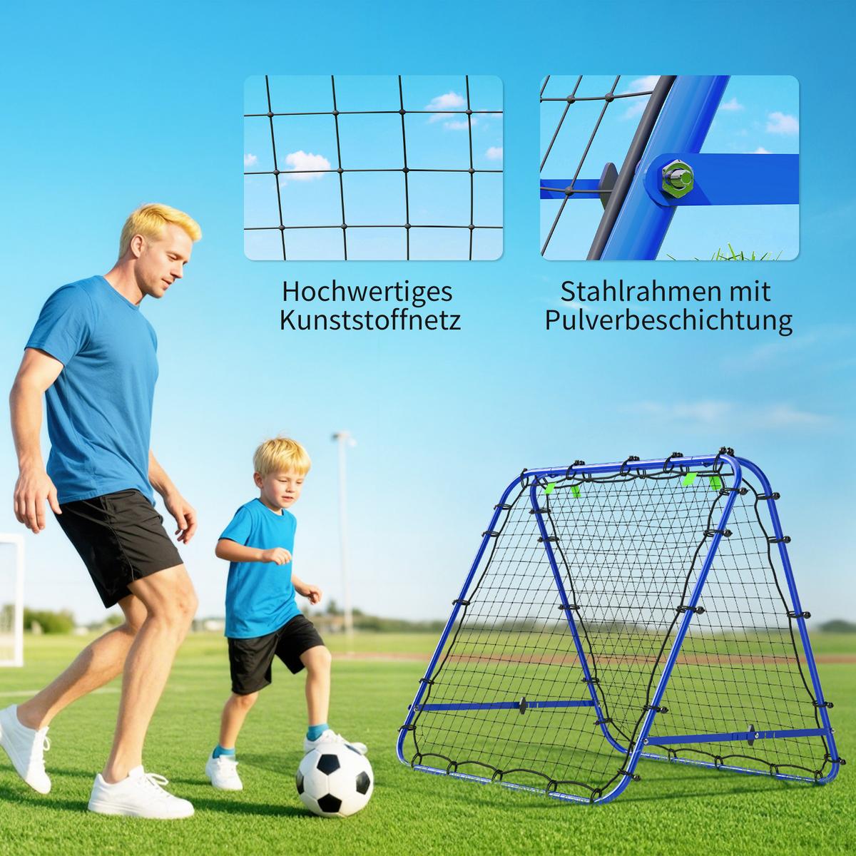 FUSSBALL Rebounder Kickback Tor Rückprallwand beidseitiger Trainingsnetz Stahl - Blau, Metall (95/100cm) - HOMCOM