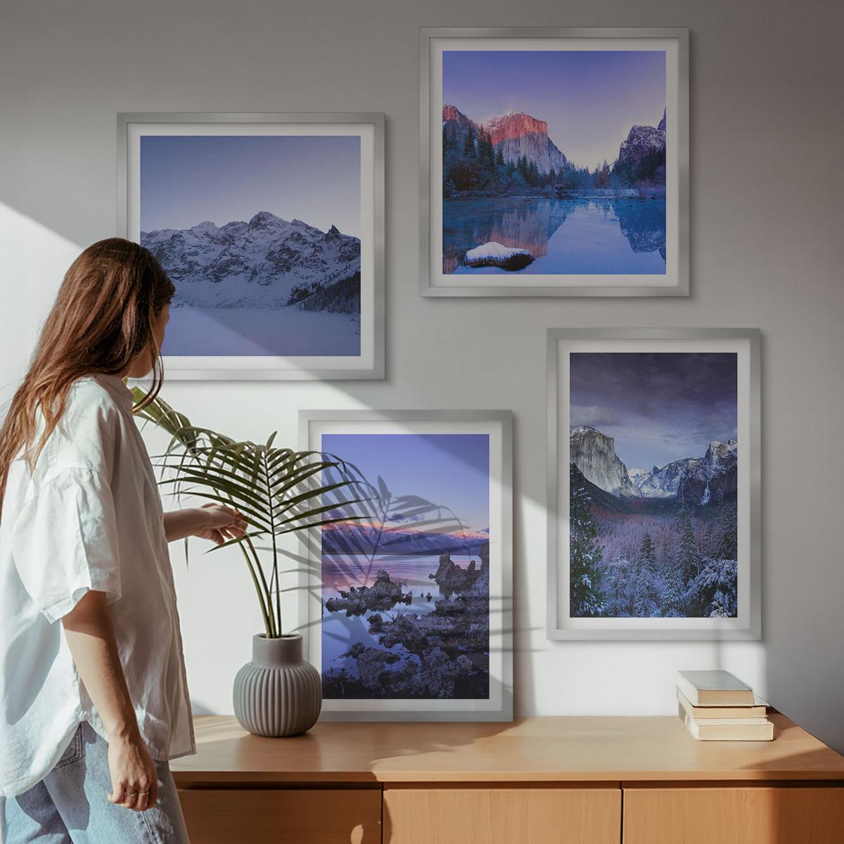 BILDER SET 4er Set - 50x50 cm & 40x60 cm Silberner Rahmen - Berglandschaften, Sonnenuntergang, Wasser - Silberfarben, Kunststoff (50/50cm) - TULUP