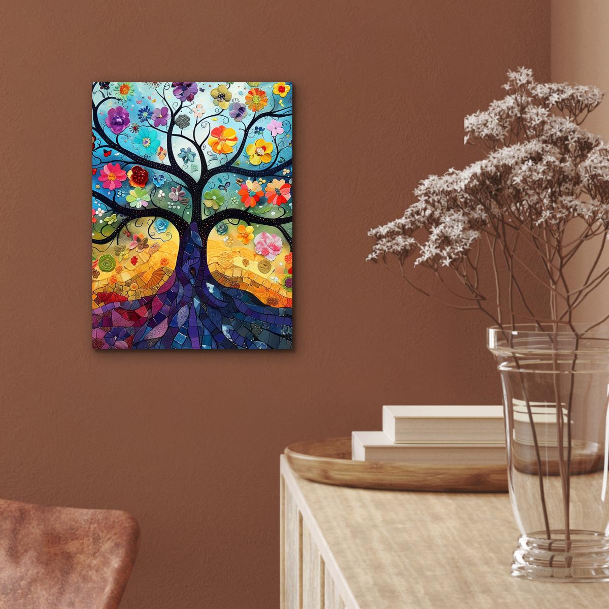 METALLBILD Kunst - Baum des Lebens - Blumen - Hippie 30x40 cm - Dunkelblau, Metall (30/40cm) - MuchoWow