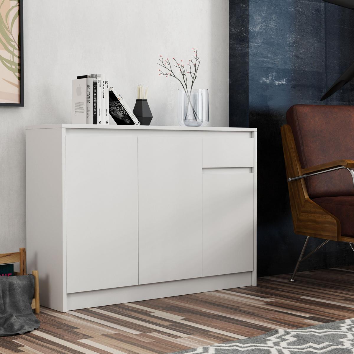 KOMMODE ASTORRE 113/82/33 cm mit 1 Schubladen 3 Türen Weiß - Weiß, Holzwerkstoff (113/82/33cm) - MASSENO