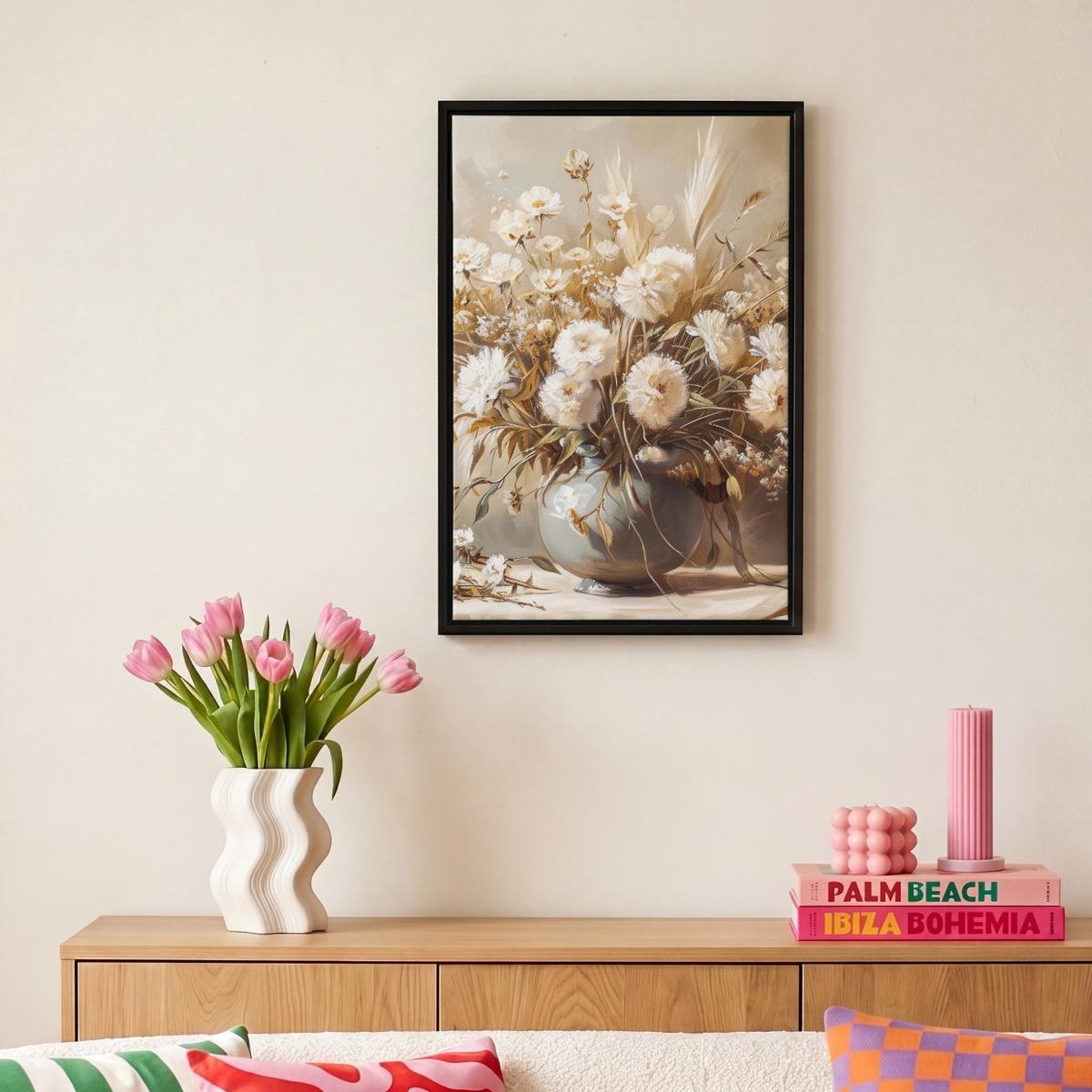 LEINWAND Bilder mit Rahmen - Blumen - Vase - Stilleben - Beige - 20x30 - Creme, Textil (20/30cm) - MuchoWow