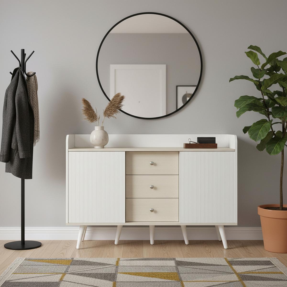 SIDEBOARD mit Schiebetüren & 3 Schubladen, Weiß und Holzoptik - Beige, Holzwerkstoff/Metall (117/79/40cm) - Urban Meuble