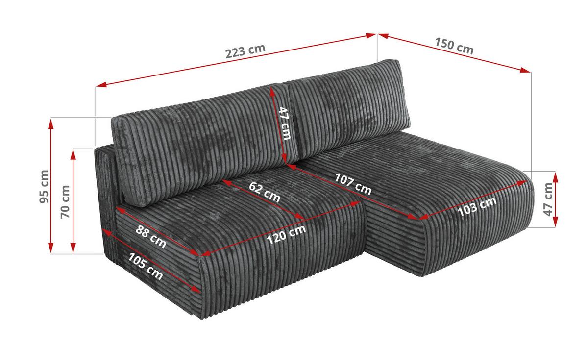 ECKSCHLAFSOFA VIVO L Dunkelgrau Cord - links - Dunkelgrau/Schwarz, Kunststoff/Textil (223/150cm) - MKS