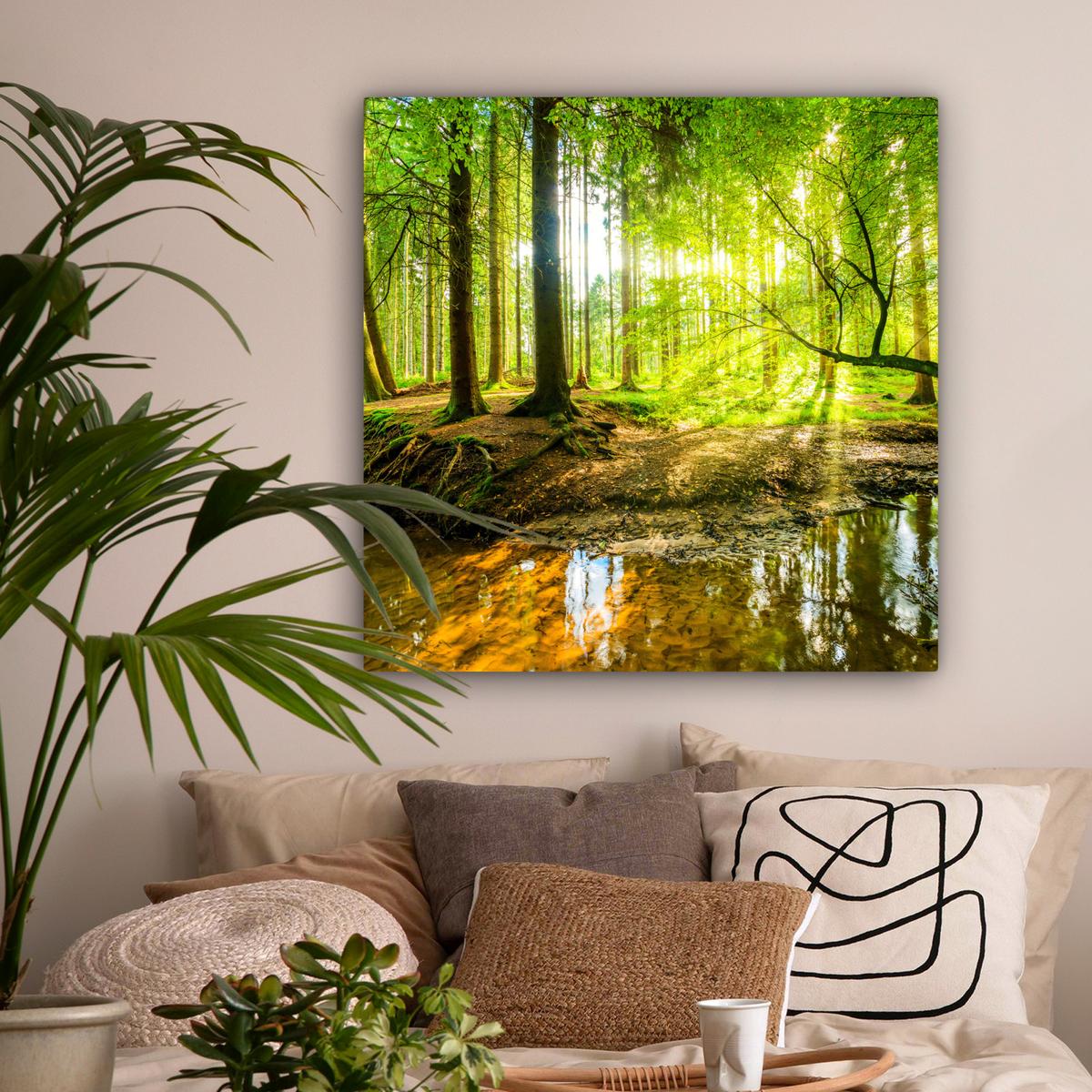 LEINWANDBILD Wald - Landschaft - Wasser - Bäume - Sonne - Grün - Natur Deko Groß 90x90 cm - Grün, Textil (90/90cm) - MuchoWow