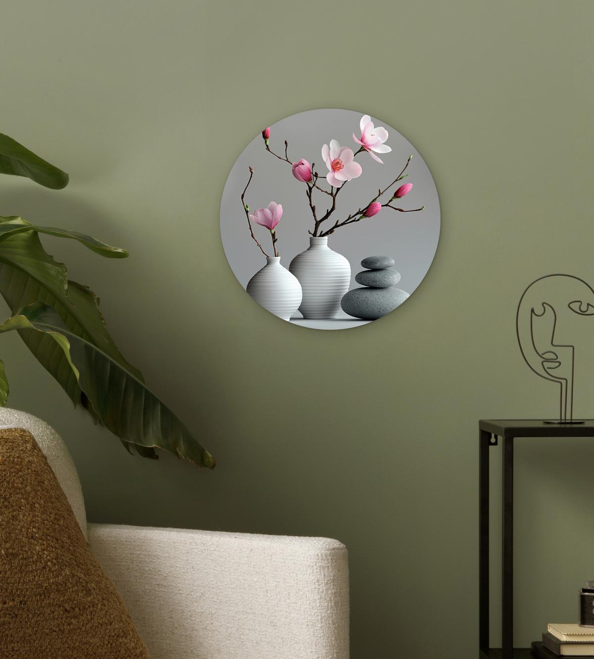WANDBILD Magnolie - Blumen - Rosa - Zen-Steine Deko Wohnzimmer 30x30 cm - Hellgrau, Kunststoff (30/30cm) - MuchoWow