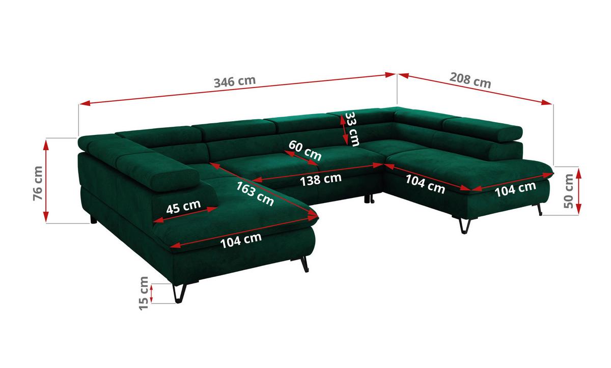 WOHNLANDSCHAFT PABLO U Velvet Dunkelgrün - Dunkelgrün/Schwarz, Textil/Metall (346/76/208cm) - MKS