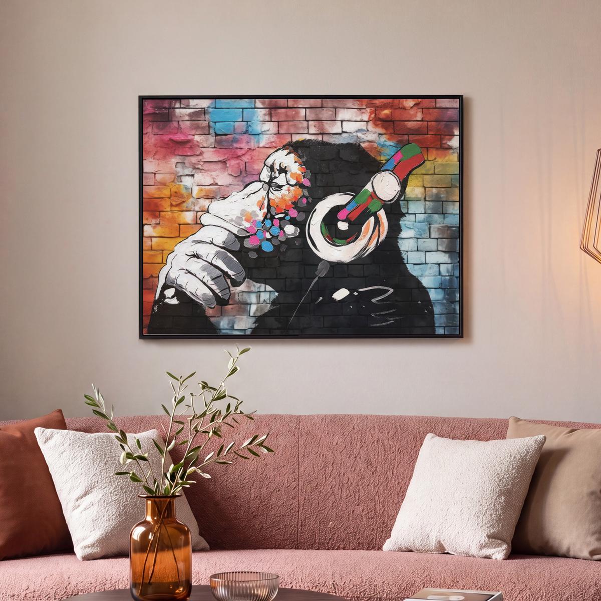 LEINWAND Bilder mit Rahmen - Affe - Graffiti - Musik - 80x60 - Multicolor, Textil (80/60cm) - MuchoWow