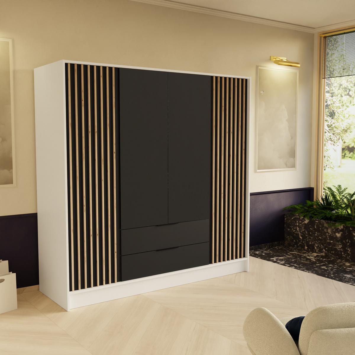 DREHTÜRENSCHRANK PELOR 200/200/51 cm Modern Kleiderschrank 4-türig Weiß - Schwarz/Weiß, Holzwerkstoff (200/200/51cm) - MASSENO