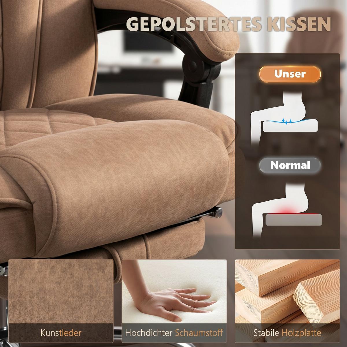 BÜROSTUHL-MIT-MASSAGEFUNKTION Samt-Polyester Braun - Silberfarben/Braun, Textil/Metall (67/119/72cm) - Vinsetto