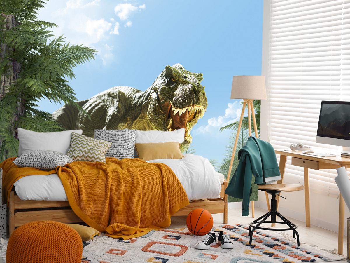 FOTOTAPETE für Jugendzimmer Riesen Dinosaurier Tropenwald Pflanzen 150x105 - Blau/Braun, Papier (150/105cm) - Muralo