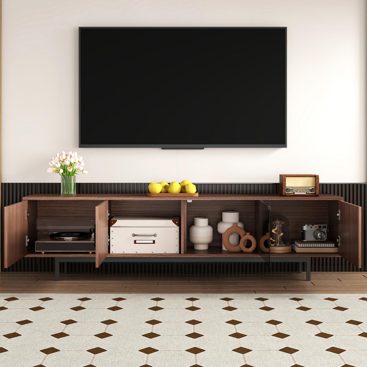 TV-LOWBOARD mit geschnitzter Textur, Glas-Tür & LED-Beleuchtung - Braun, Holz (35/53/200cm) - Urban Meuble