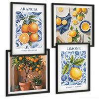 BILDER SET 4er Set - 50x50 cm & 40x60 cm Schwarzer Rahmen - Illustrationen von Zitrusfrüchten - Schwarz, Kunststoff (50/50cm) - TULUP