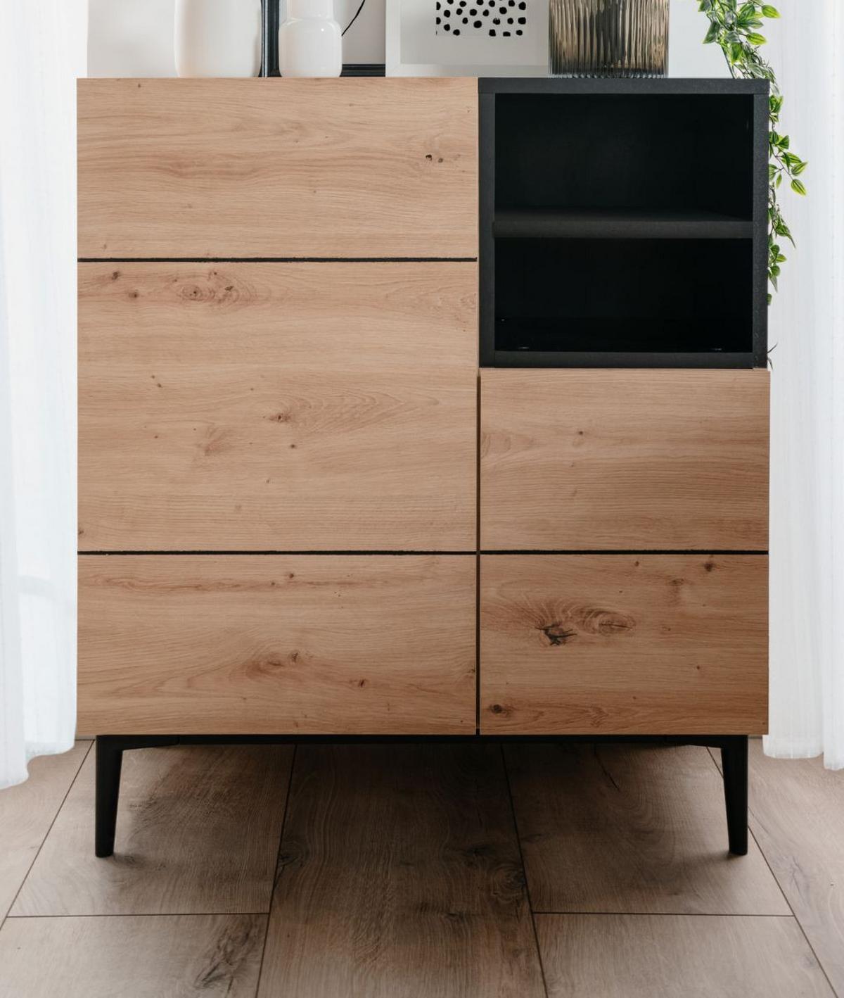 KOMMODE Eiche Artisan, schwarz 80 x 90 cm, Schrank 2-türig mit 7 Fächern - Schwarz/Eiche Artisan, Holzwerkstoff (80/90/42cm) - Furn.Design