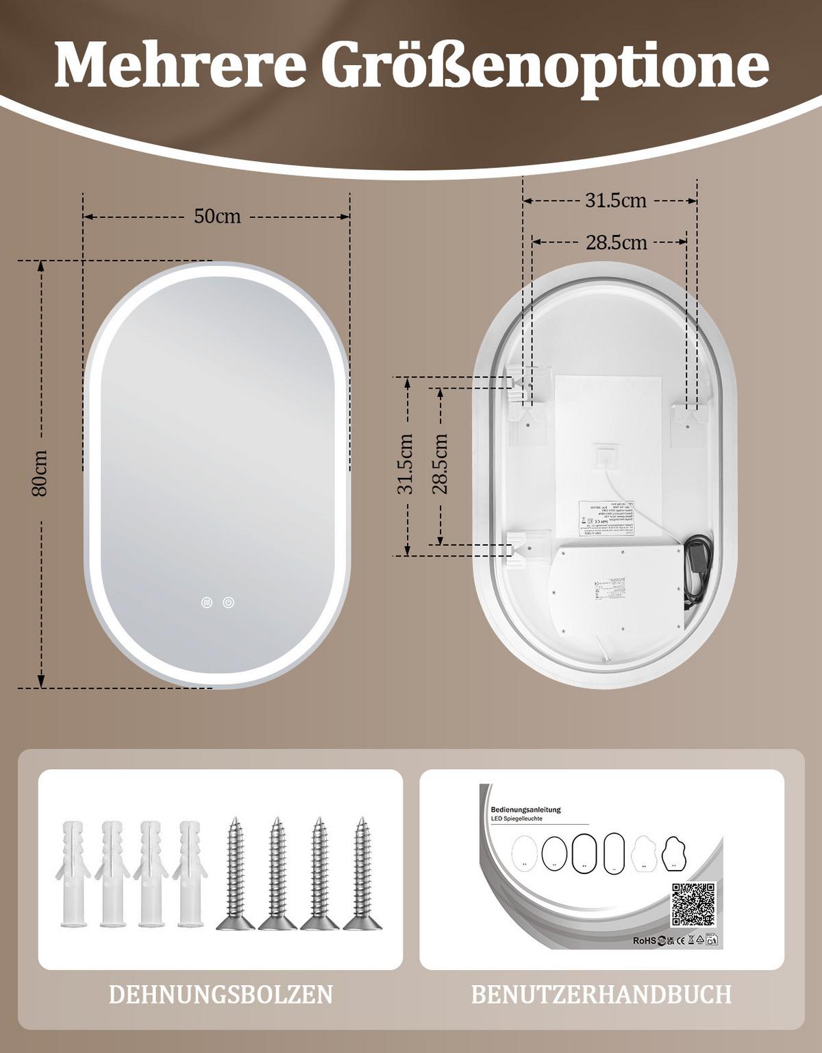 BADSPIEGEL mit Beleuchtung Lirwen 2.9/50/80 cm - Weiß, Glas (50/80/2.9cm) - ZMH