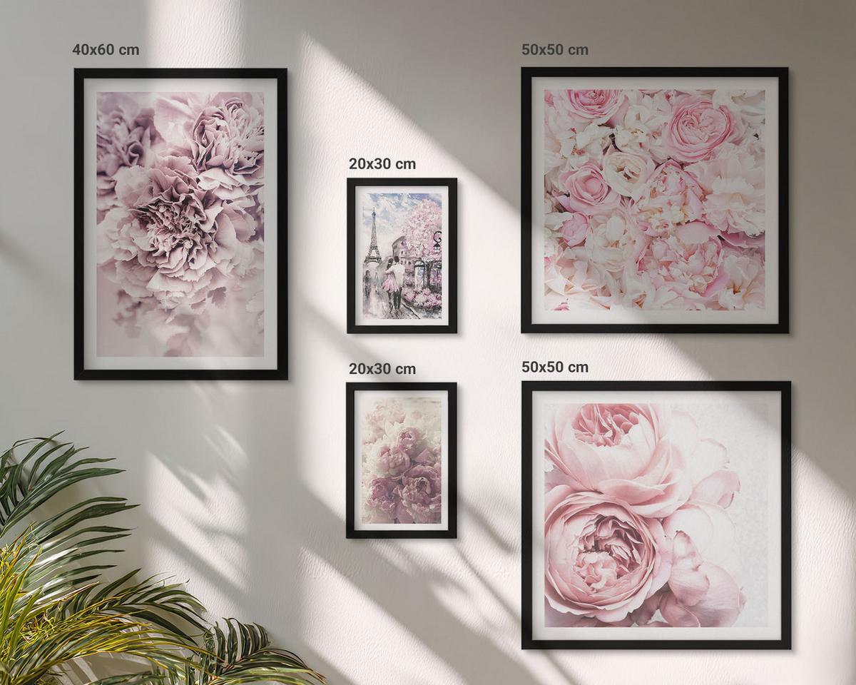 BILDER SET 5er Set - 50x50 cm & 20x30 cm & 40x60 cm Schwarzer Rahmen - Rosa Blumen, romantische Landschaft - Schwarz, Kunststoff (40/60cm) - TULUP