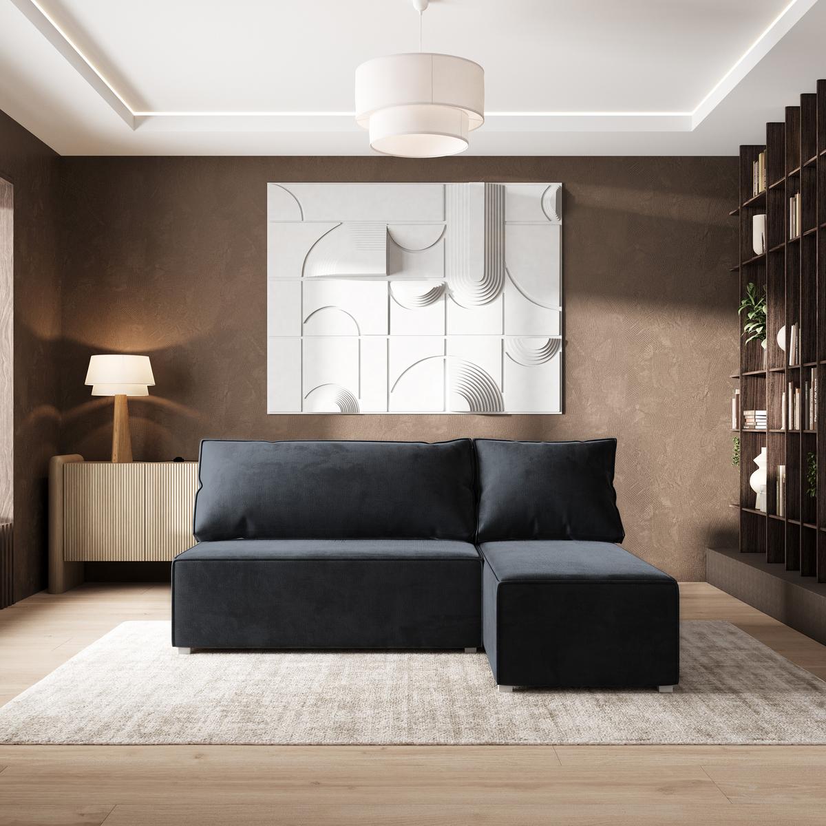 ECKSOFA BRISO M Schwarz Velours-Stoff mit Schlaffunktion - Schwarz/Grau, Holz/Kunststoff (200/140cm) - MASSENO