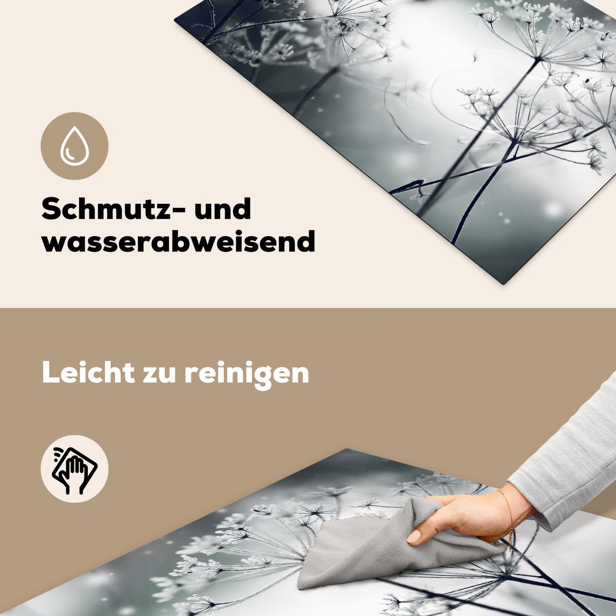 HERDABDECKPLATTE Blumen - Winter - Schnee - Natur Induktionsschutz 81.6x52.7 cm - Grau, Kunststoff (81.6/52.7/0.2cm) - MuchoWow