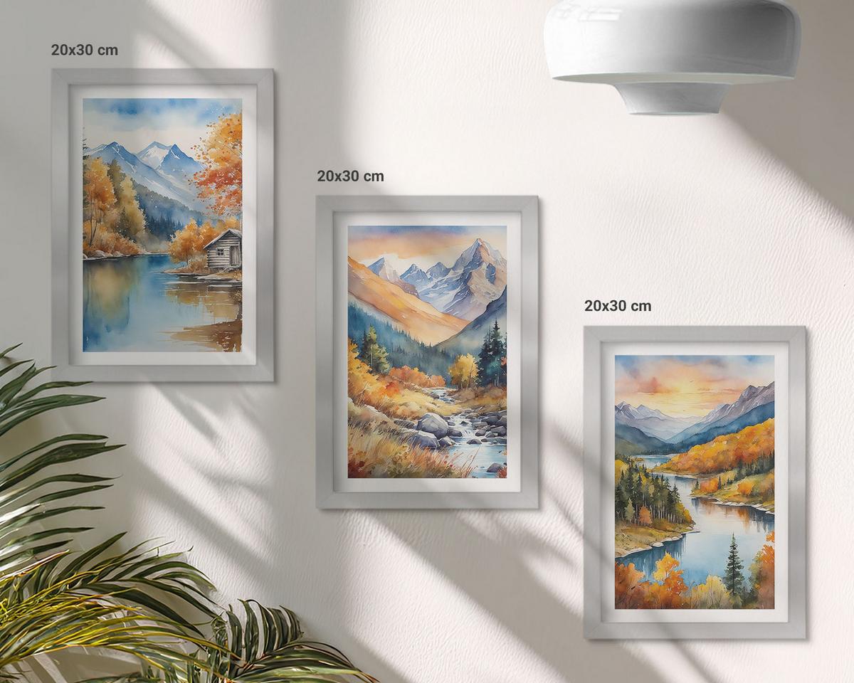 BILDER SET 3er Set - 20x30 cm Silberner Rahmen - Berglandschaft, Fluss, Herbst - Silberfarben, Kunststoff (20/30cm) - TULUP