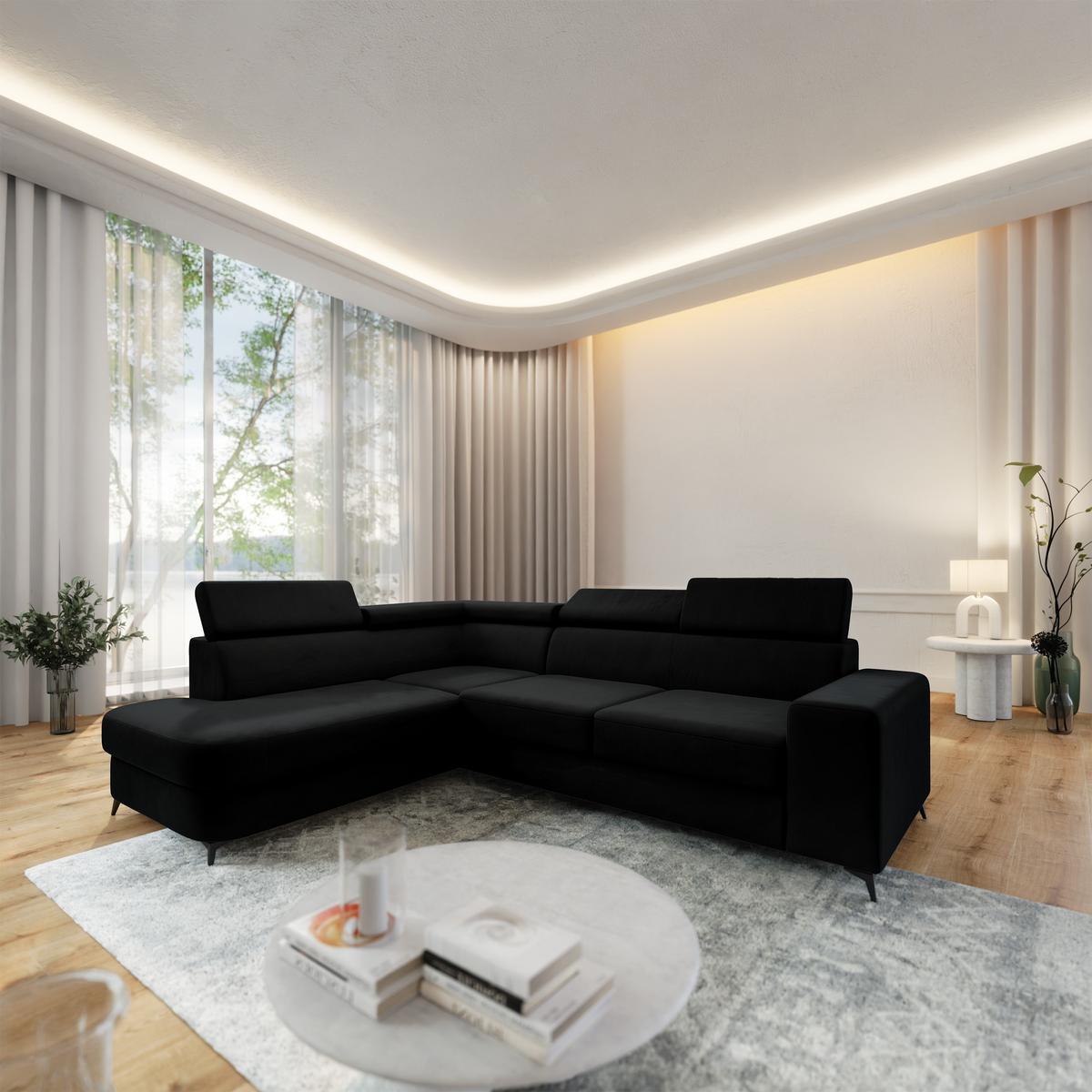 ECKSOFA ALVORO L-S Schwarz Velours-Stoff mit Schlaffunktion - Schwarz, Holz (253/190cm) - MASSENO