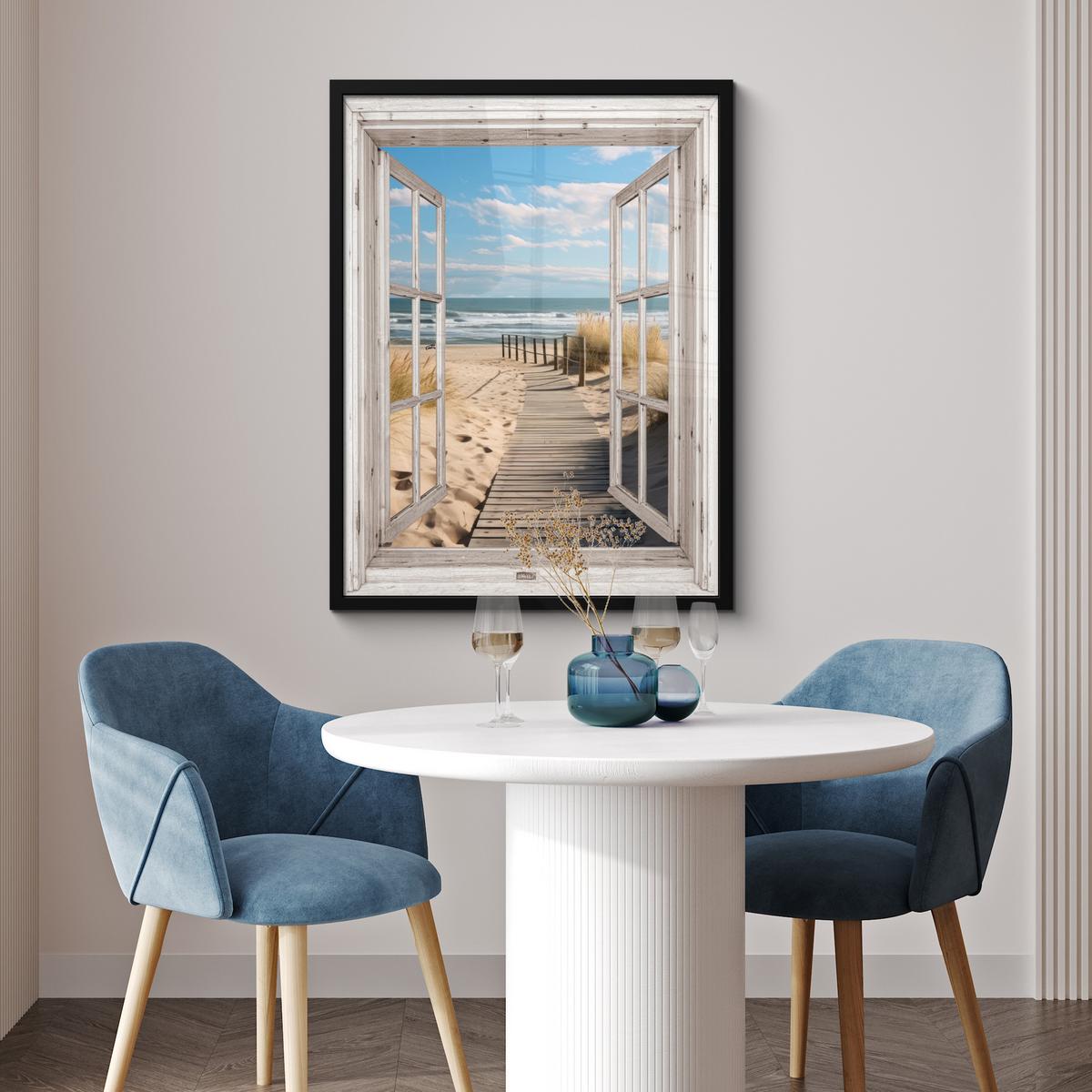 POSTER MIT RAHMENGERAHMTES BILD Fenster - Meer - Küste - Natur - Ausblick - Strand - Wattenmeer Posterleiste 60x80 cm - Beige, Papier (60/80cm) - MuchoWow