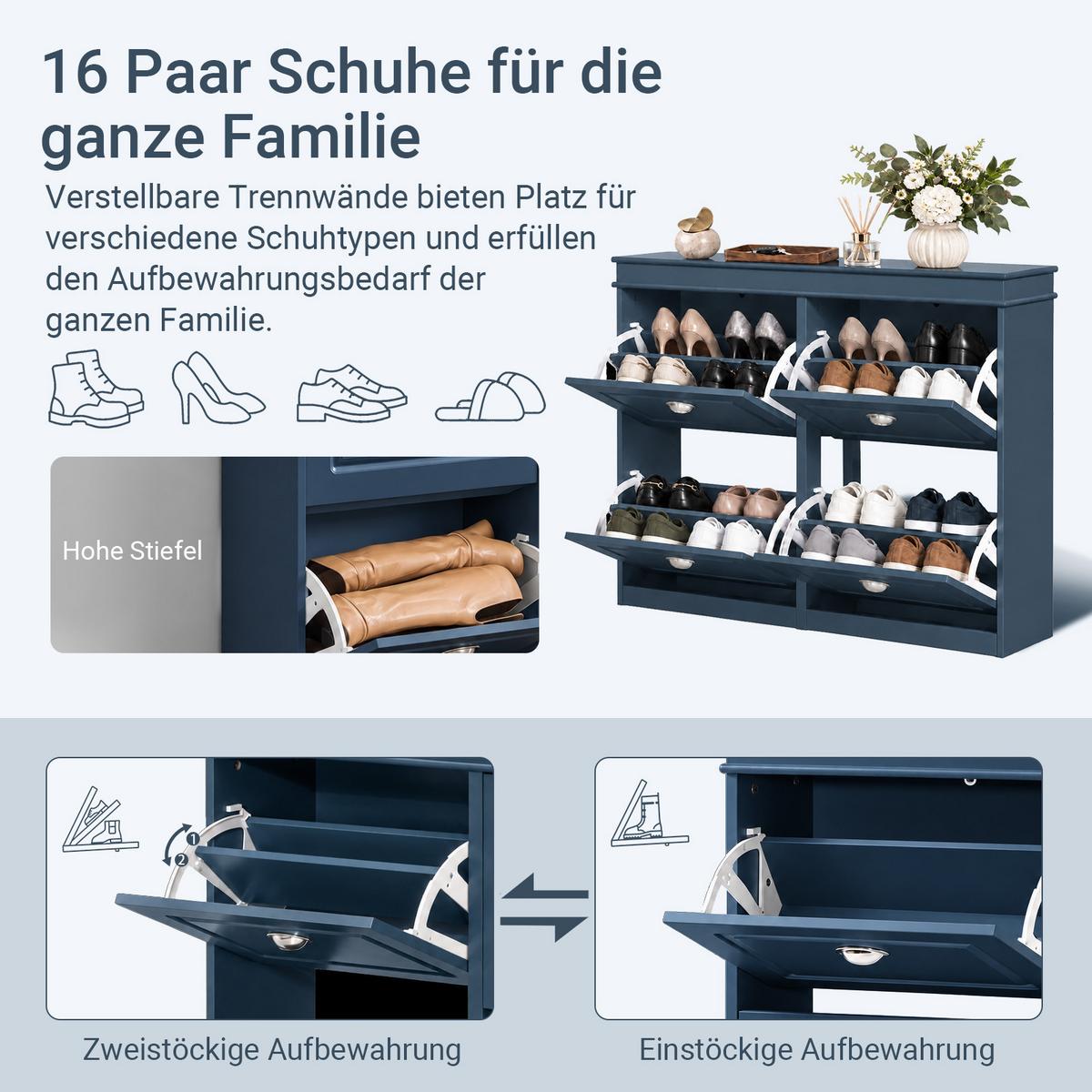 SCHUHSCHRANK blau, 104x83x24 cm, 4 Klappen für 16 Paar, bis EU 47, Schublade & Haken, bis 70 kg - Blau, Holzwerkstoff (104/83/24cm) - SoBuy