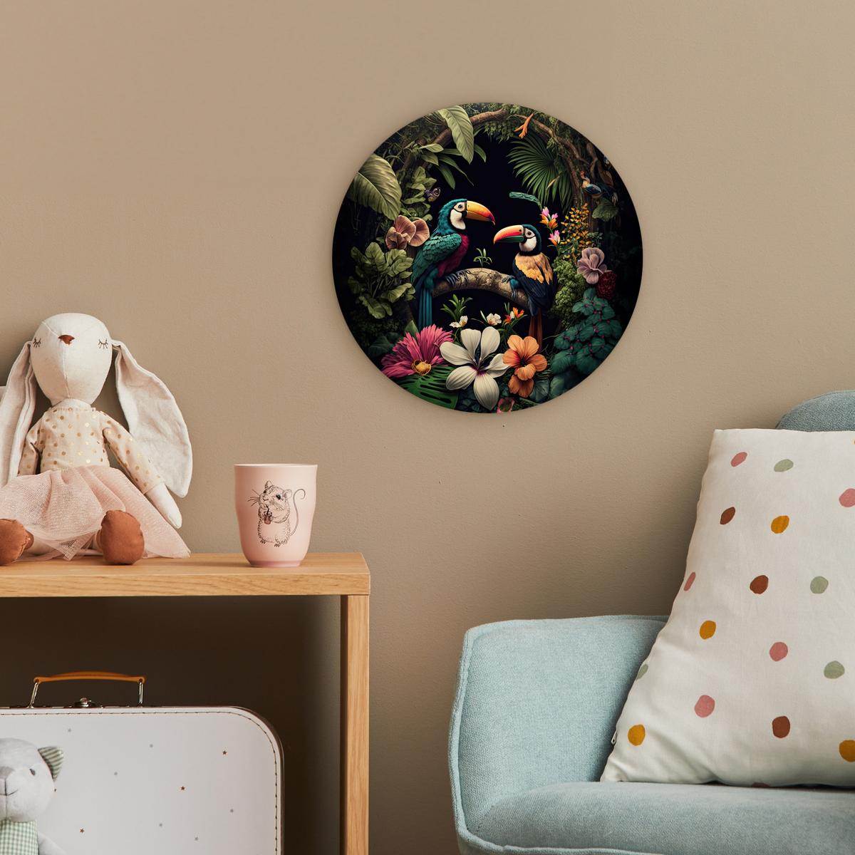 WANDBILD Vogel - Blumen - Pflanzen - Dschungel - Schwarz - Tukan Deko Wohnzimmer 30x30 cm - Smaragdgrün, Kunststoff (30/30cm) - MuchoWow