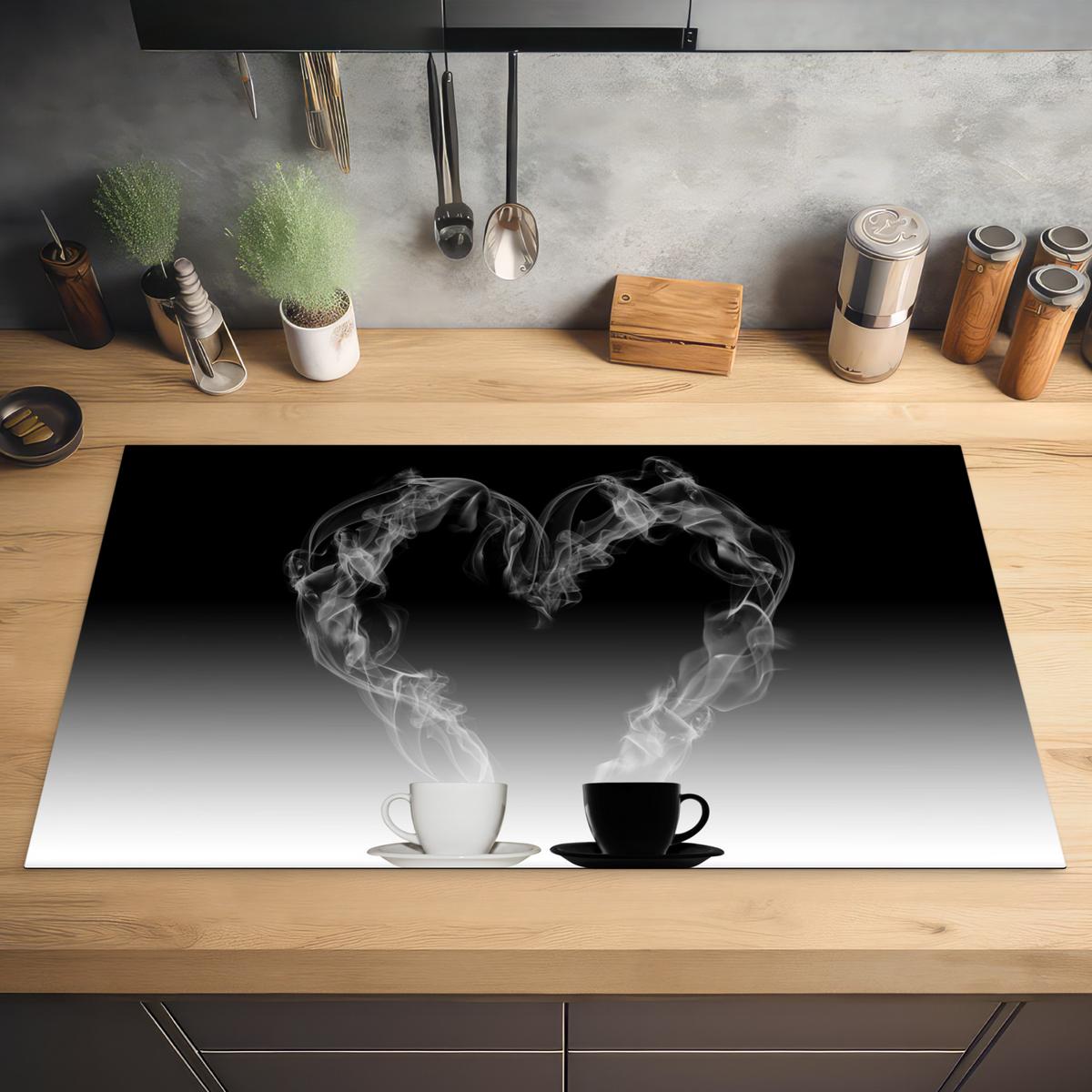 HERDABDECKPLATTE Kaffee - Herz - Schwarz und weiß - Tassen Ceranfeldabdeckung 90x52 cm - Weiß, Kunststoff (90/52/0.2cm) - MuchoWow