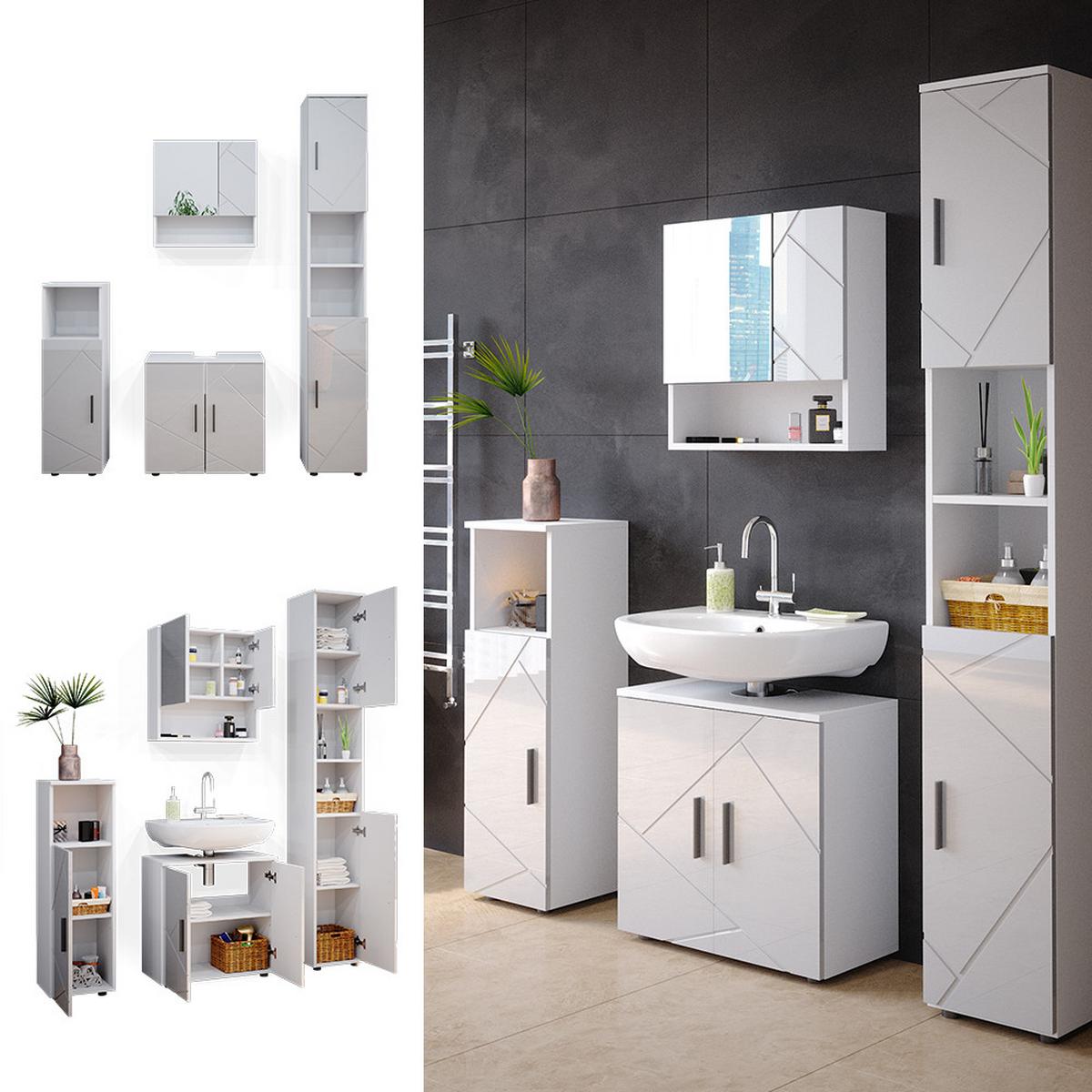 BADMÖBEL-SET Ronco Weiß Hochglanz 4 Teile, mit Hochschrank - Weiß Hochglanz, Holzwerkstoff (60/192/30cm) - Livinity®
