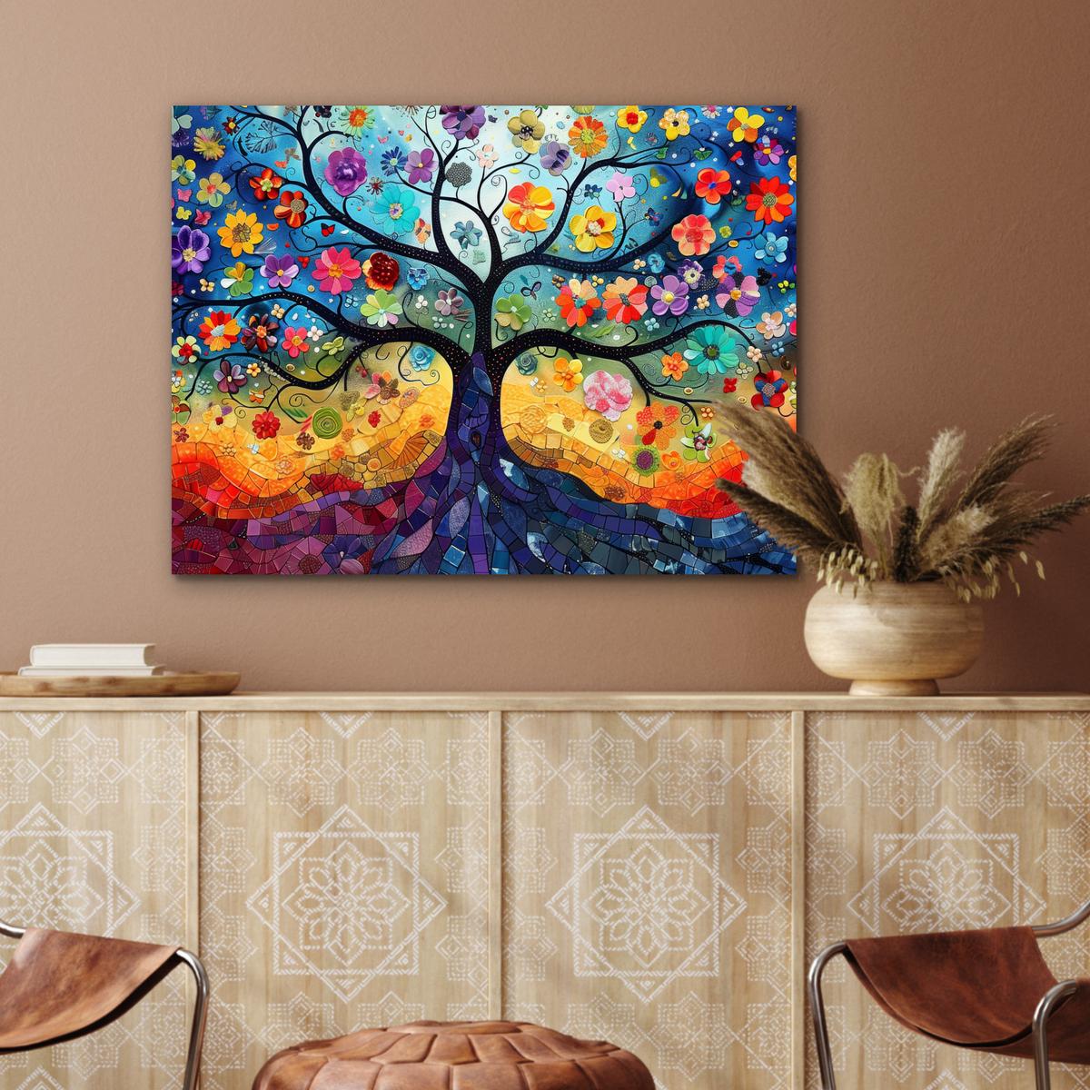 METALLBILD Kunst - Baum des Lebens - Blumen - Hippie 80x60 cm - Dunkelblau, Metall (80/60cm) - MuchoWow